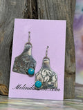 Silver Cow Tag Stud Earrings, Dangle oEarrings, 18" Necklace